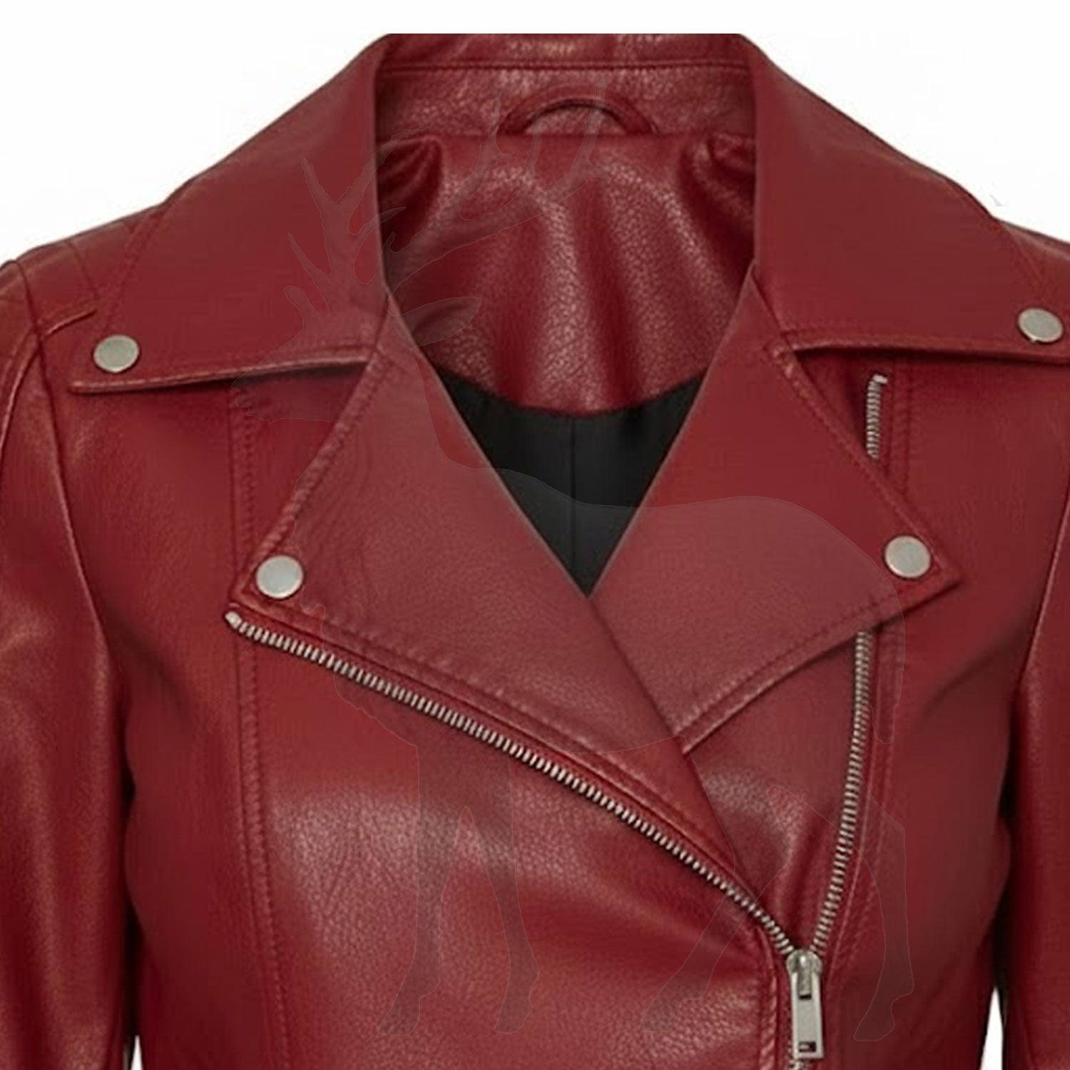 Close up asymmetrical lapel collar on women’s red leather biker jacket snap button detail premium stitching finish