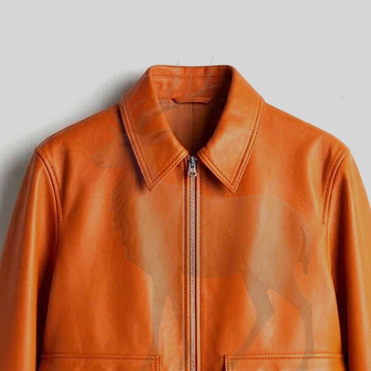Close up classic fold collar on men’s orange leather jacket premium stitching detail genuine leather vintage finish