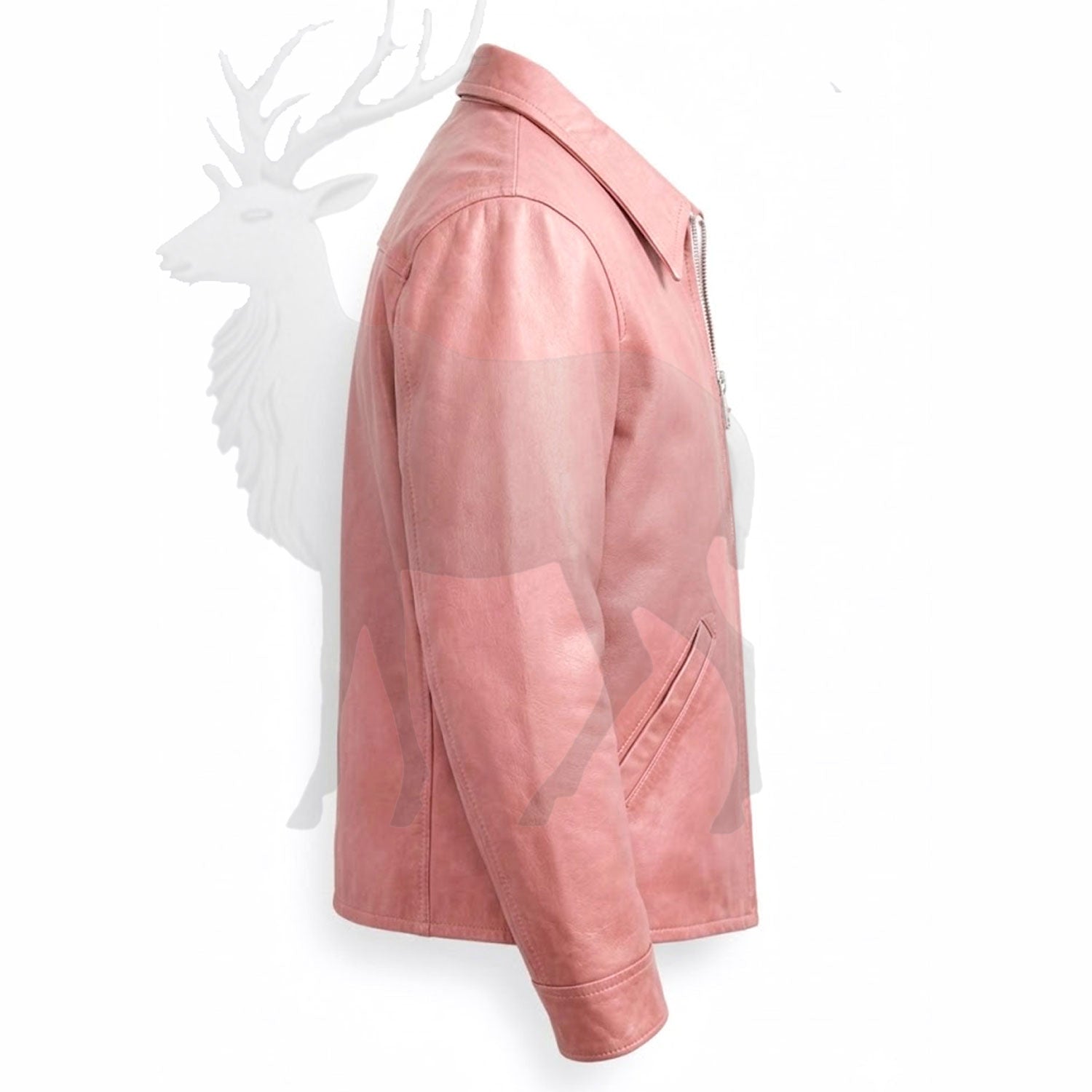 Women’s pink leather jacket side view tailored fit silhouette zip closure sleek biker style streetwear fashion