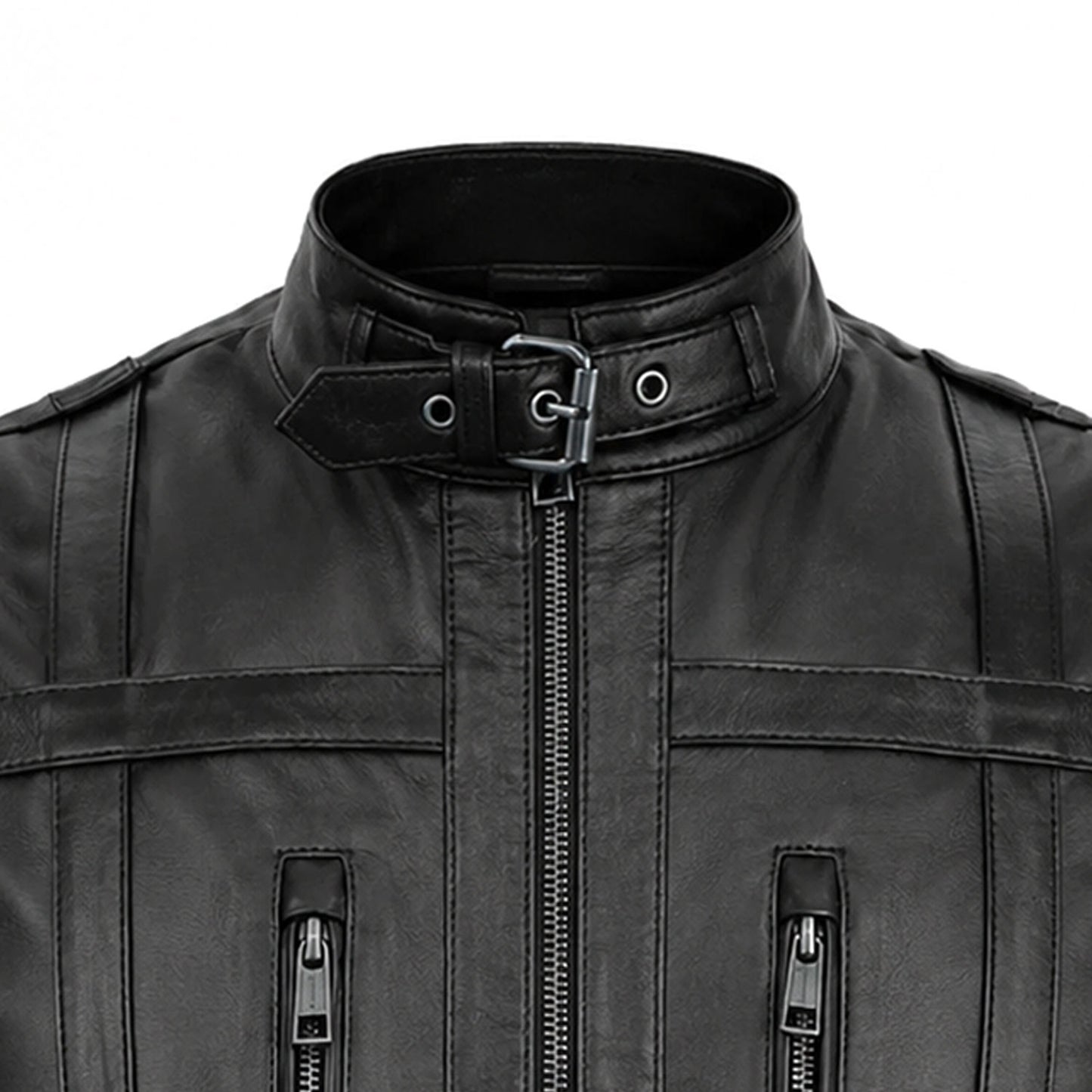 Close-up of the adjustable buckle collar and front zipper on a men's black utility leather vest 