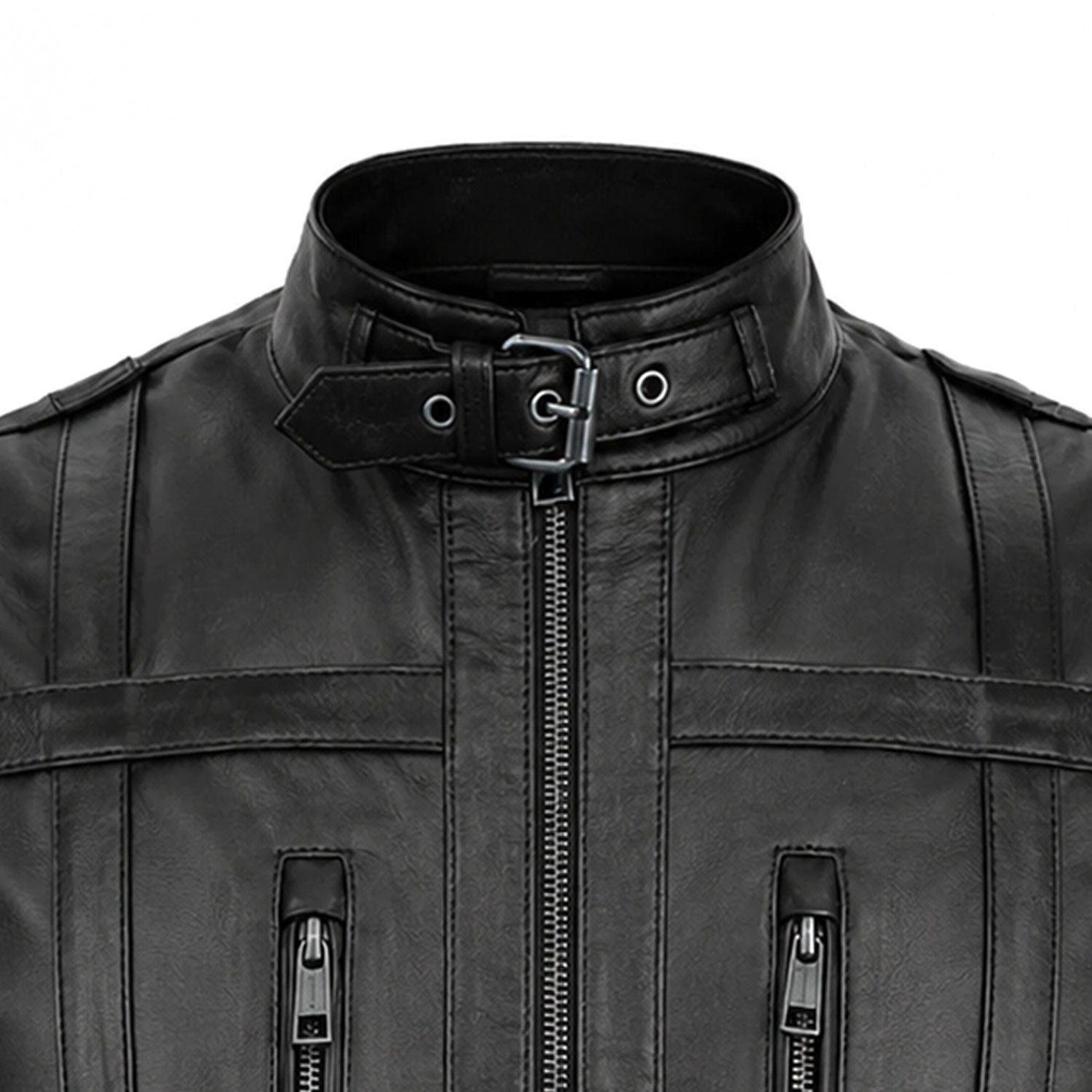 Close-up of the adjustable buckle collar and front zipper on a men's black utility leather vest 