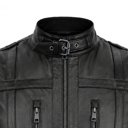 Close-up of the adjustable buckle collar and front zipper on a men's black utility leather vest 