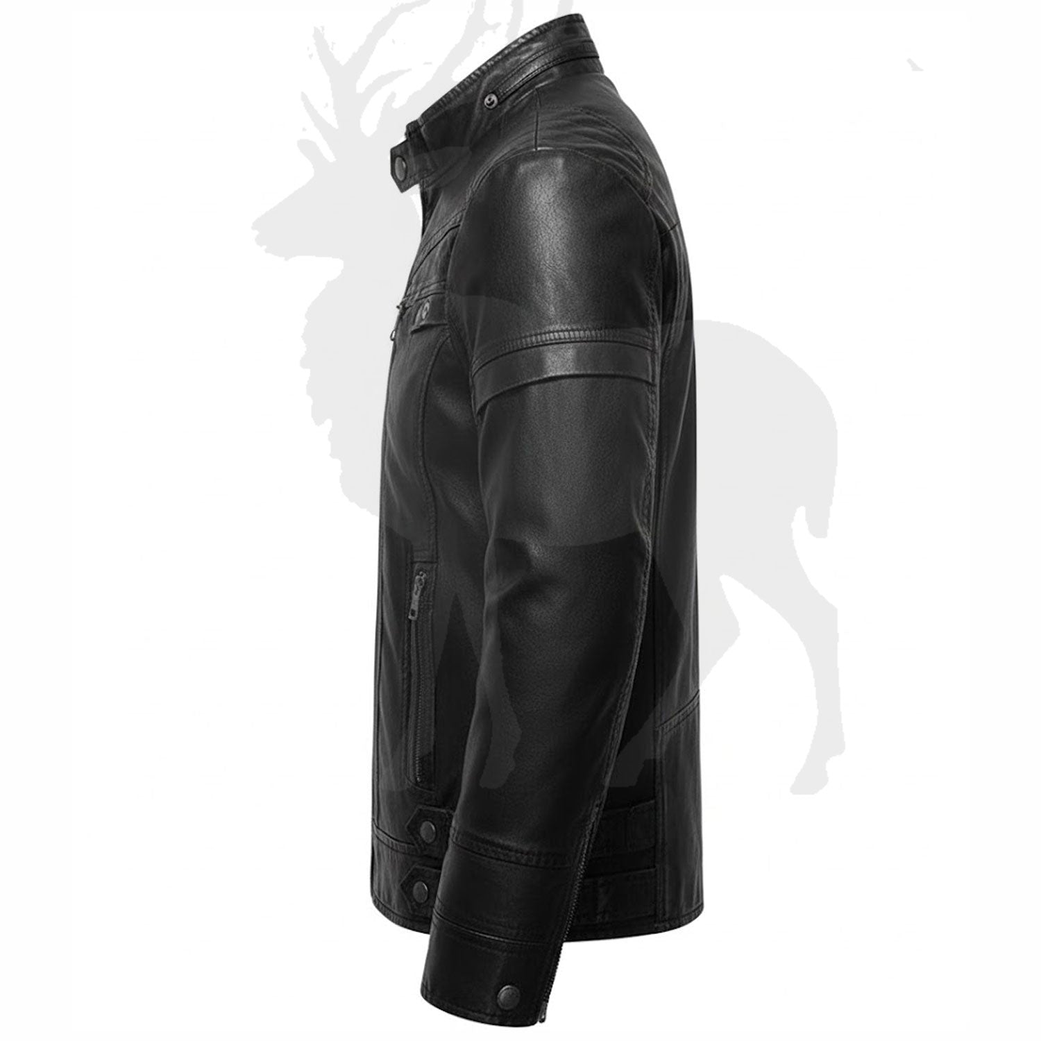 Men’s black leather jacket side view slim fit biker cafe racer style detailed stitching genuine leather modern design