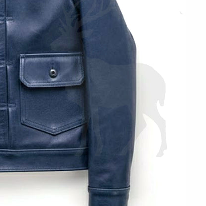 Close up sleeve cuff blue leather jacket smooth finish shirt style premium genuine leather stitching detail