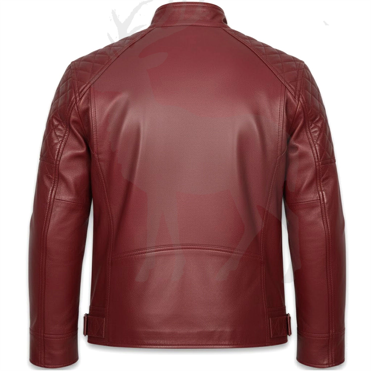 Men’s red leather biker jacket back view clean slim fit silhouette smooth leather finish modern motorcycle style
