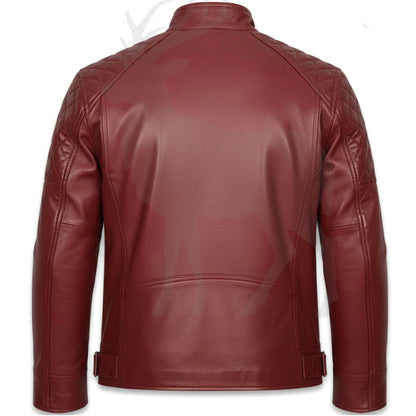 Men’s red leather biker jacket back view clean slim fit silhouette smooth leather finish modern motorcycle style
