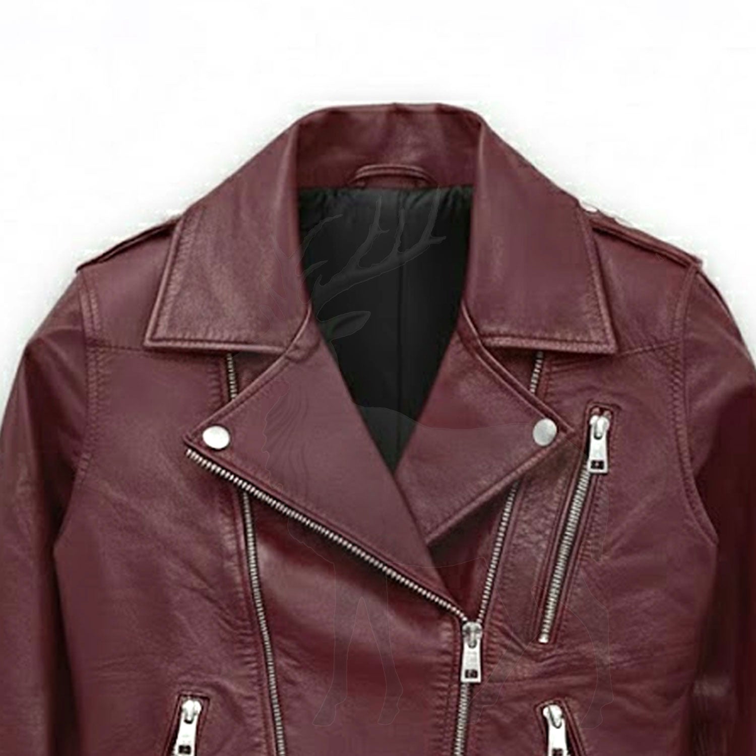 Close up biker lapel collar on women’s burgundy leather jacket metal snap details premium lambskin leather finish