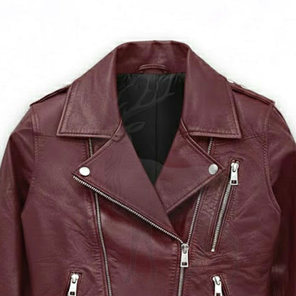 Close up biker lapel collar on women’s burgundy leather jacket metal snap details premium lambskin leather finish