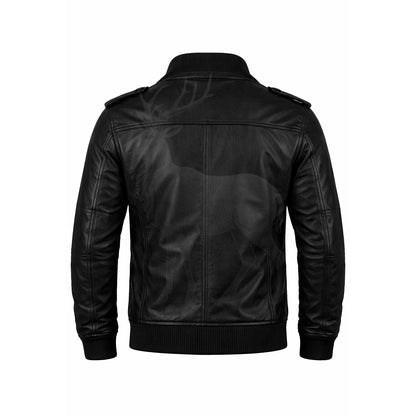 Men’s black leather bomber jacket back view clean design ribbed hem premium genuine leather winter outerwear