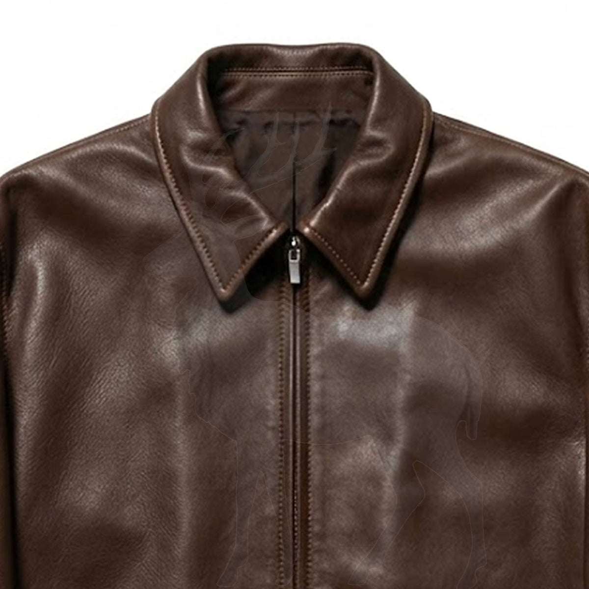 Close up classic fold collar on men’s brown leather jacket