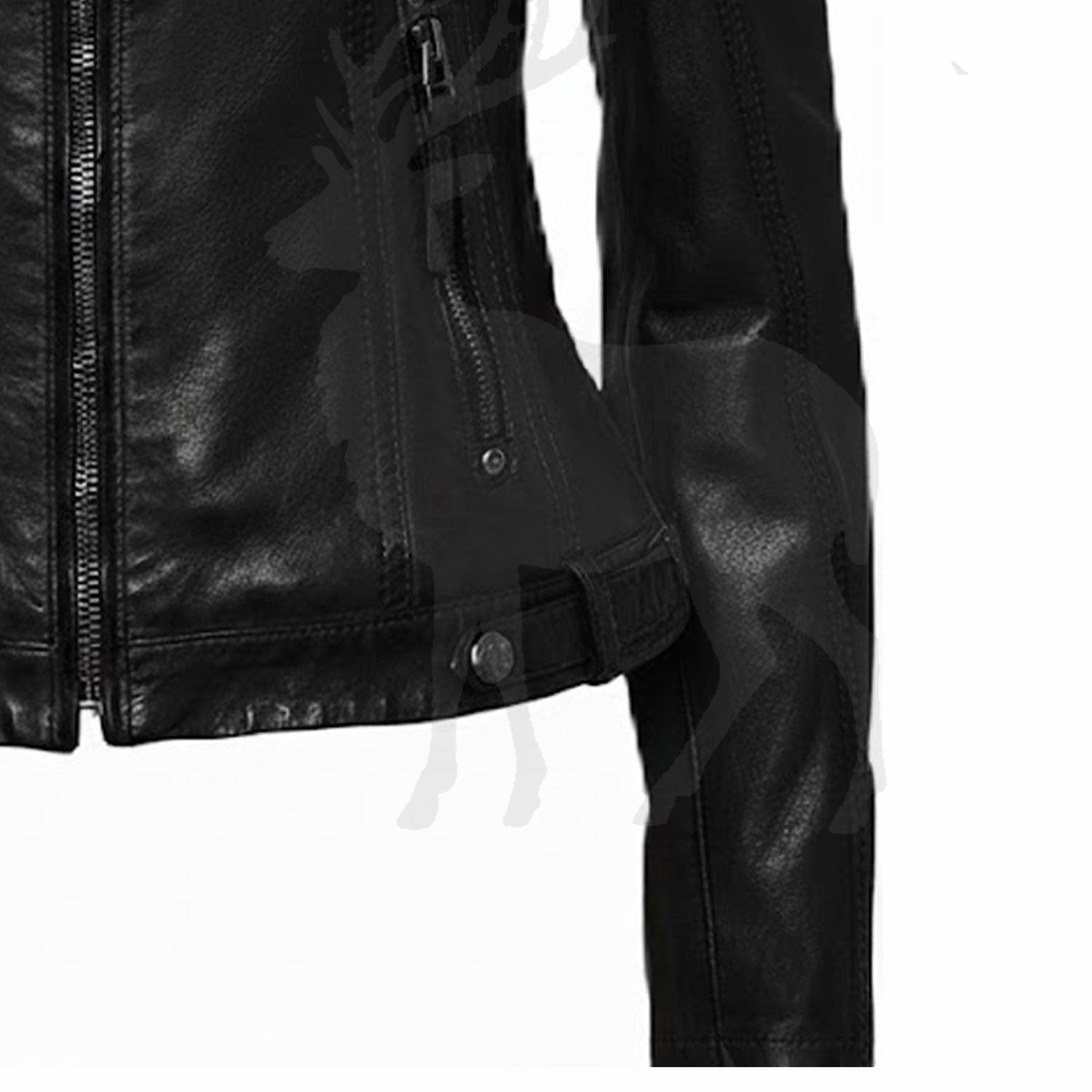 Close up zip pocket detail on women’s black hooded leather jacket functional storage pocket and premium leather texture