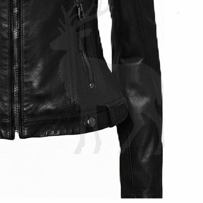 Close up zip pocket detail on women’s black hooded leather jacket functional storage pocket and premium leather texture