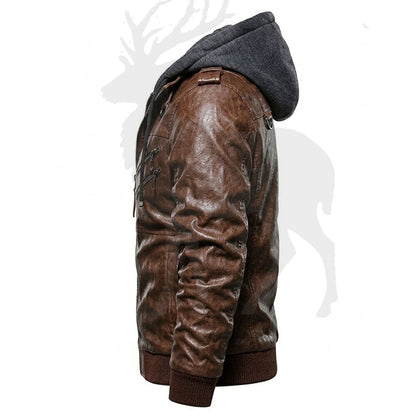 Men’s brown leather jacket side view slim fit biker jacket hooded leather outerwear zipper pockets modern streetwear style