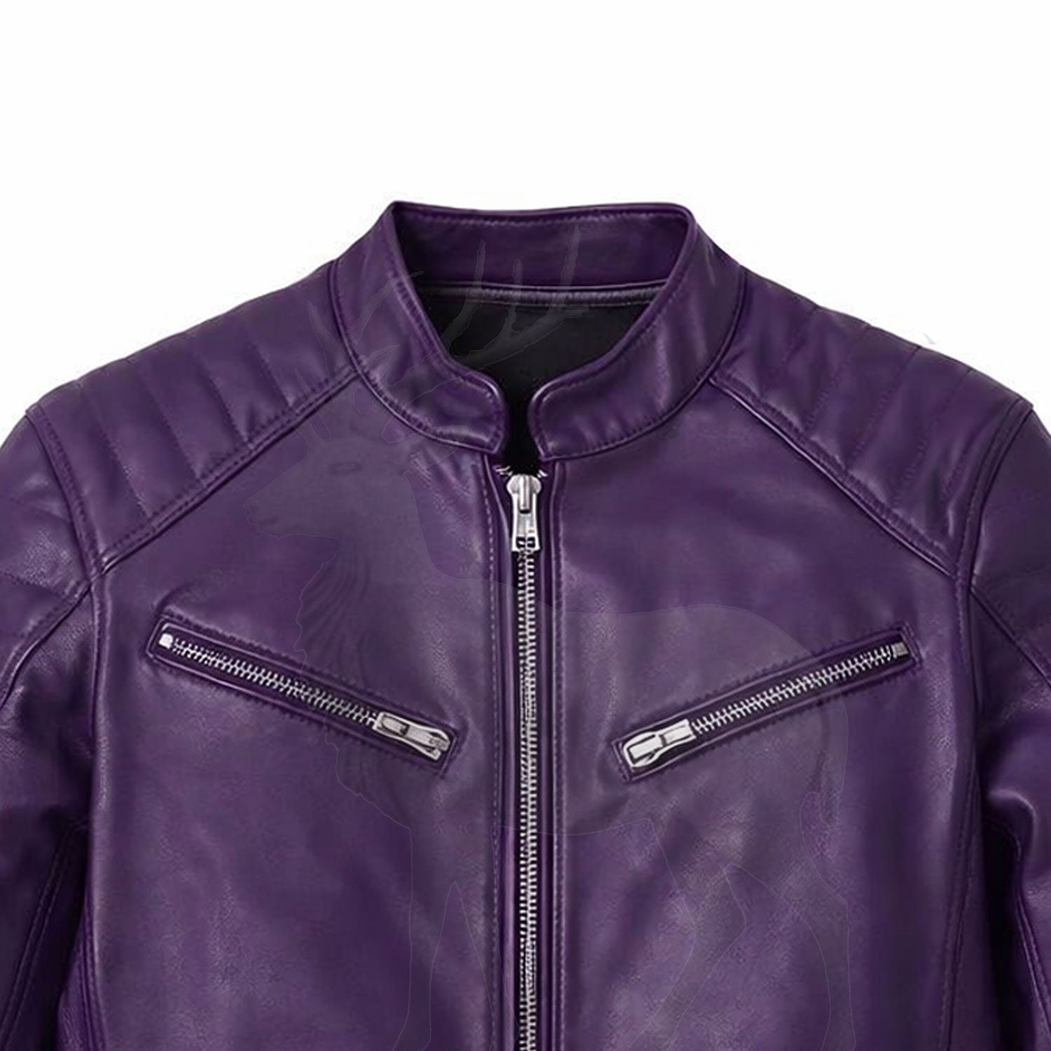 Close up stand collar on women’s purple leather moto jacket premium stitching biker inspired neckline detail
