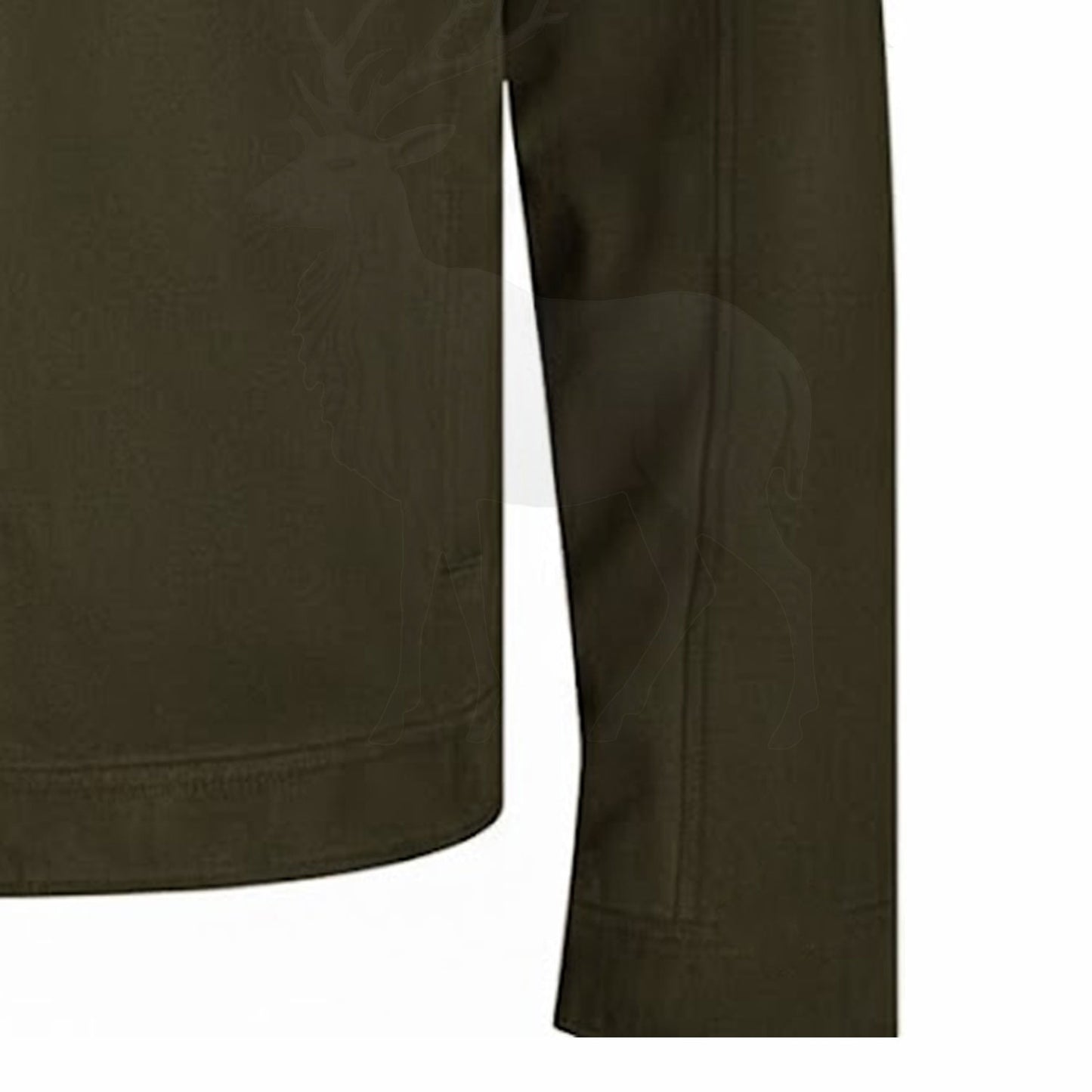 Close up sleeve detail of men’s olive green leather jacket fine stitching smooth leather finish biker style outerwear