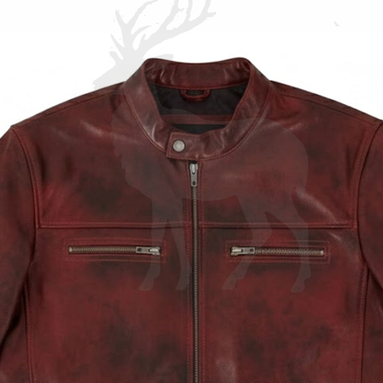 Close up stand collar brown distressed leather jacket with snap button cafe racer biker style premium leather detail