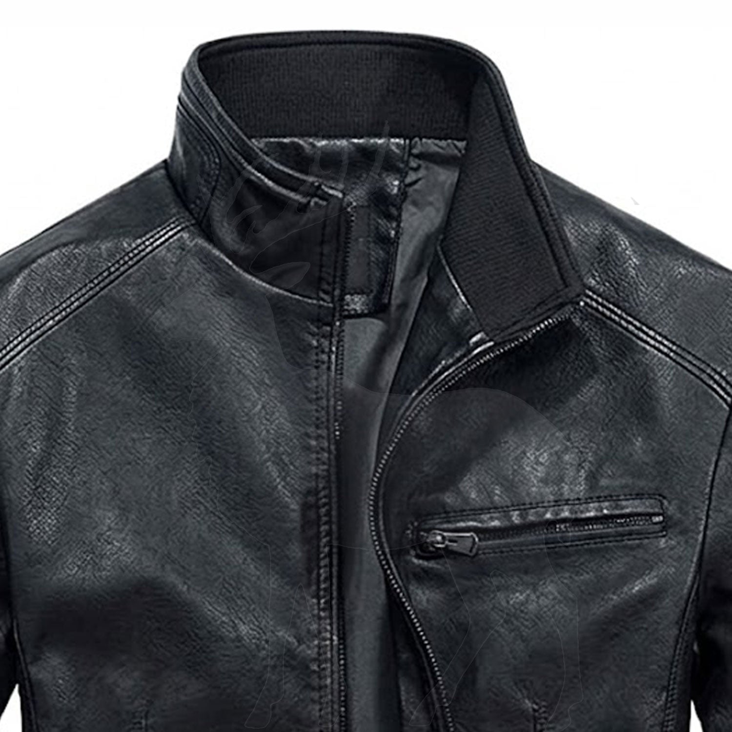 Close up stand collar of men’s black leather moto jacket premium stitching detail minimalist biker style design