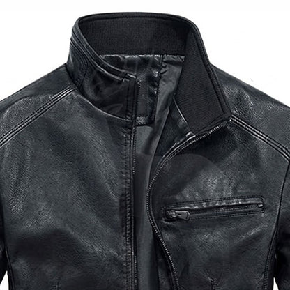 Close up stand collar of men’s black leather moto jacket premium stitching detail minimalist biker style design