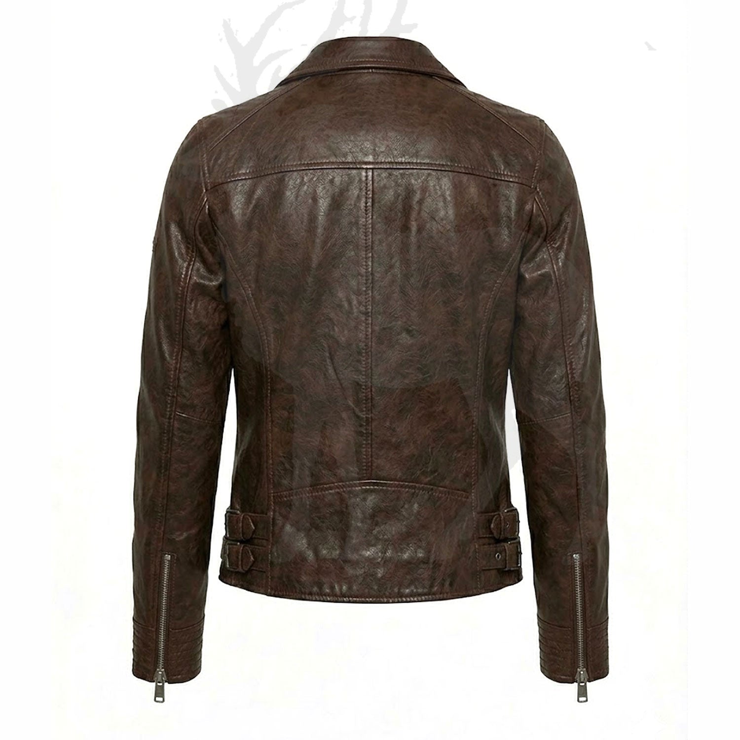 Men’s brown leather biker jacket back view slim fit design vintage motorcycle style smooth leather finish classic coat