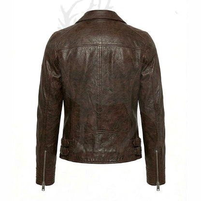 Men’s brown leather biker jacket back view slim fit design vintage motorcycle style smooth leather finish classic coat