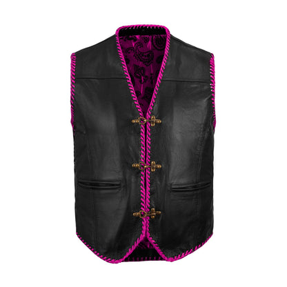 Snap closure detail on pink buffalo leather vest