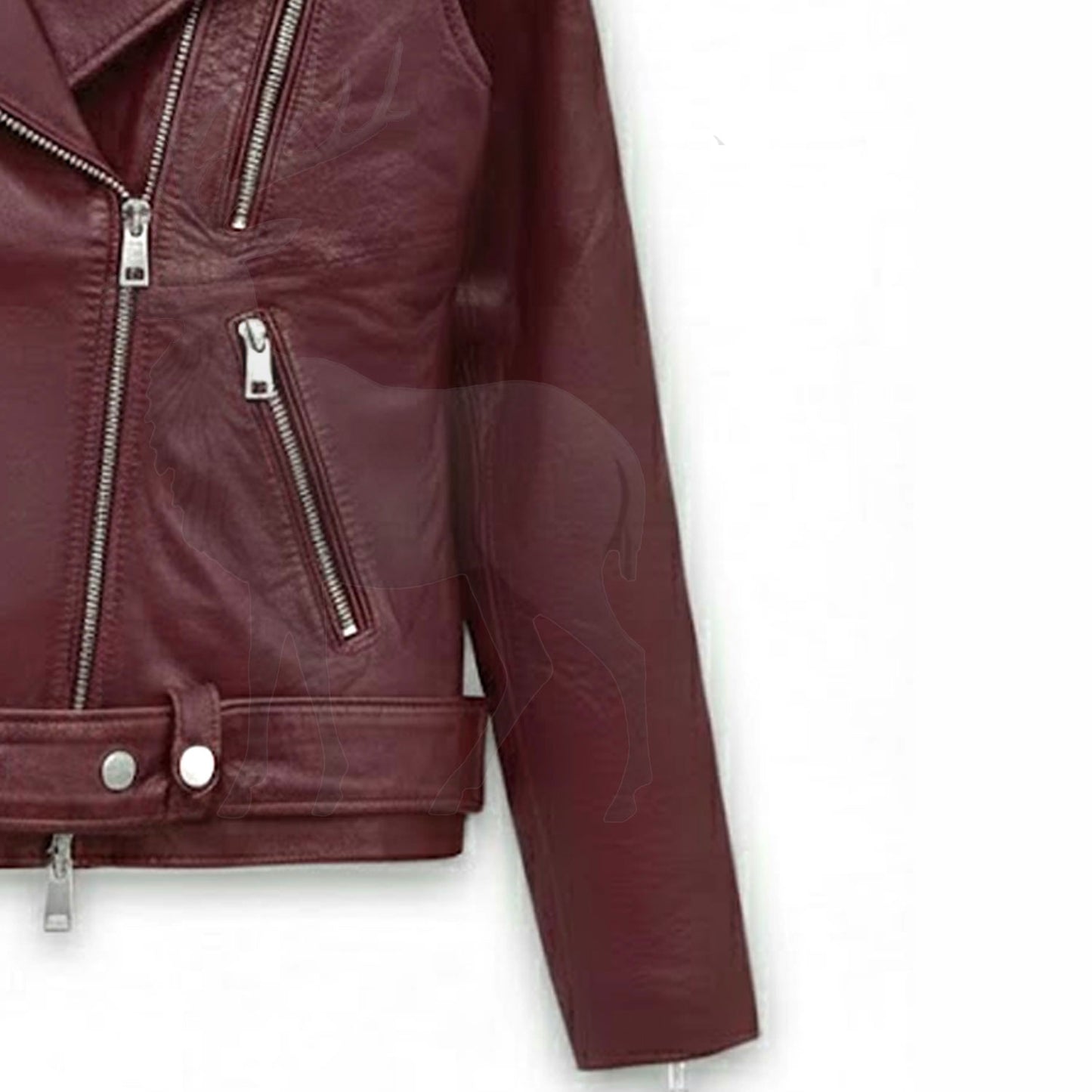 Close up zip pocket detail on women’s burgundy leather biker jacket functional storage pocket and premium craftsmanship