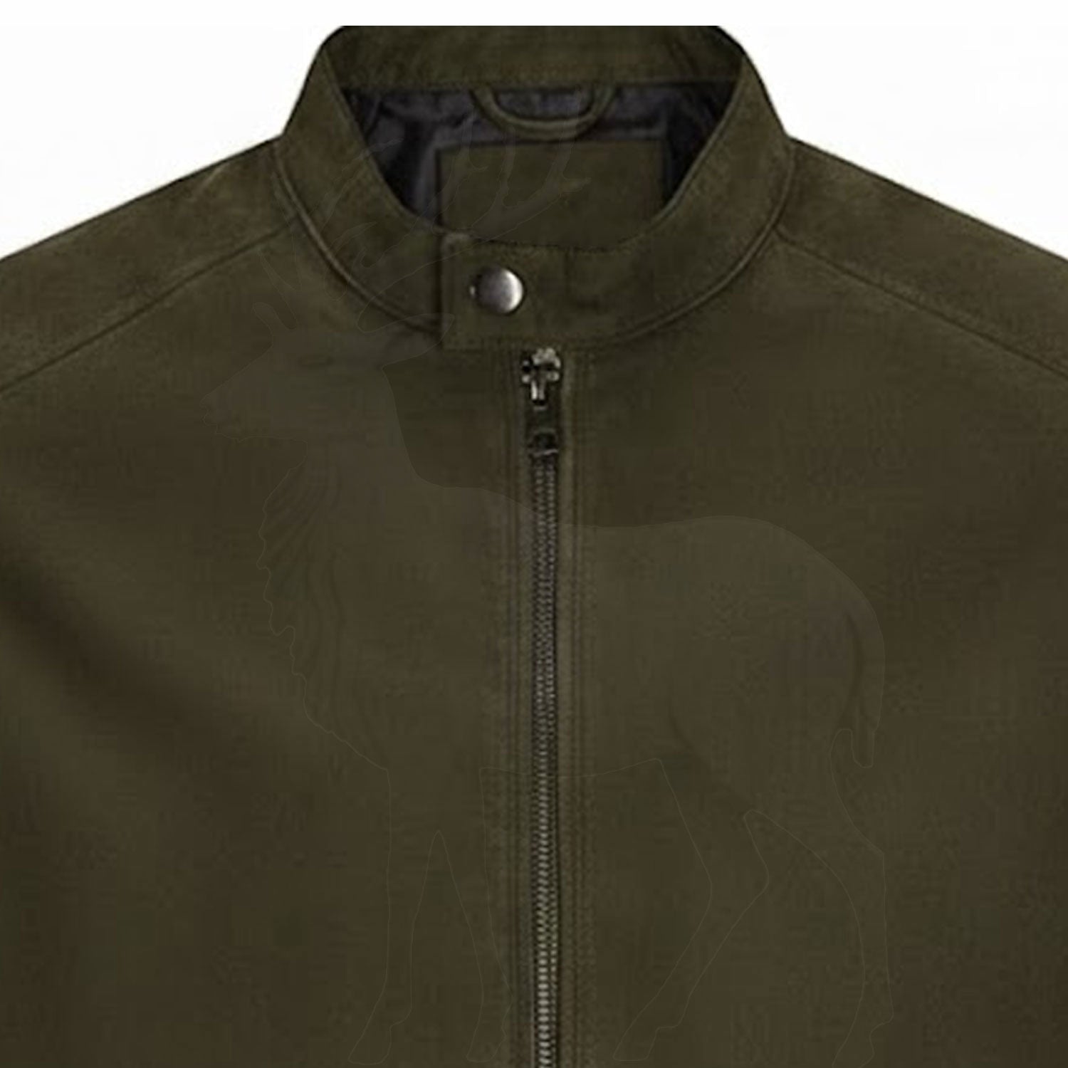 Close up stand collar on men’s olive green leather jacket snap button detail premium stitching biker style finish
