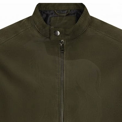 Close up stand collar on men’s olive green leather jacket snap button detail premium stitching biker style finish