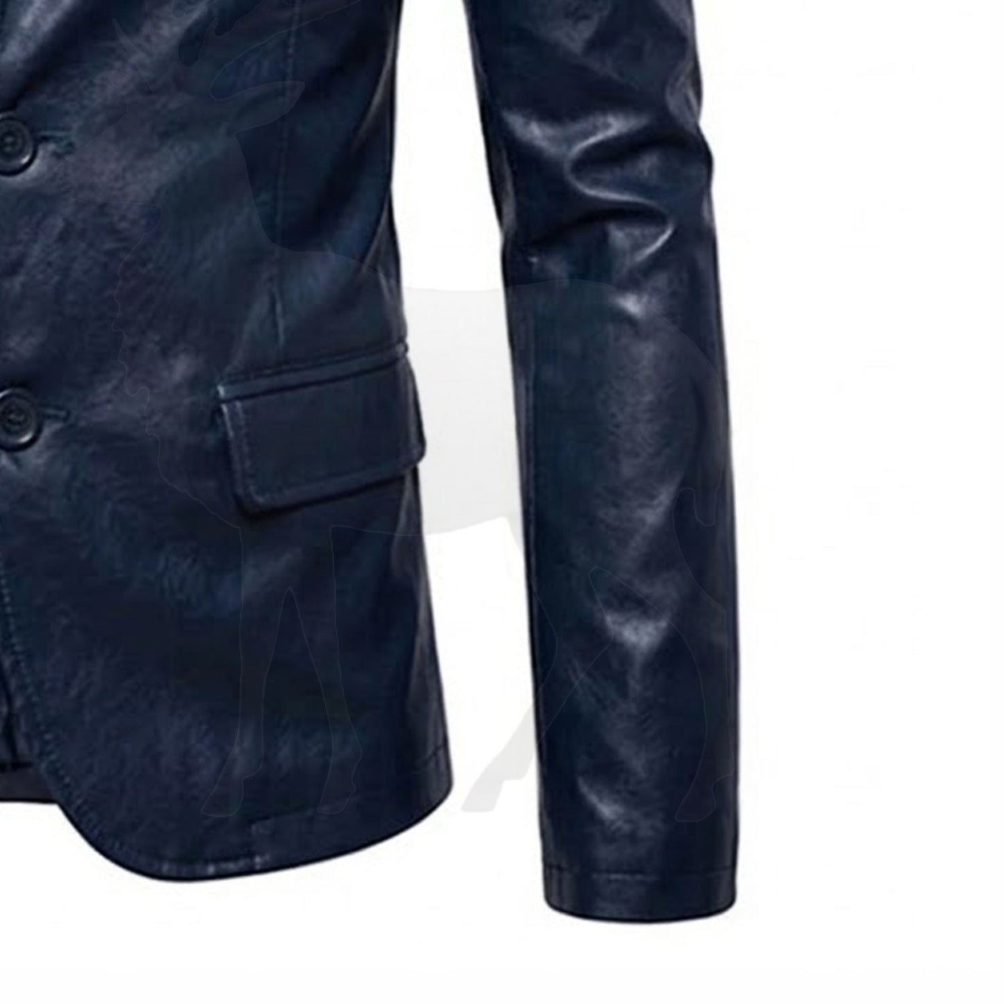 Close up sleeve cuff of men’s navy blue leather blazer fine stitching premium genuine leather formal wear detail
