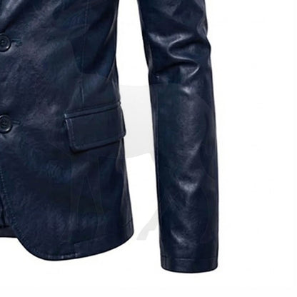 Close up sleeve cuff of men’s navy blue leather blazer fine stitching premium genuine leather formal wear detail