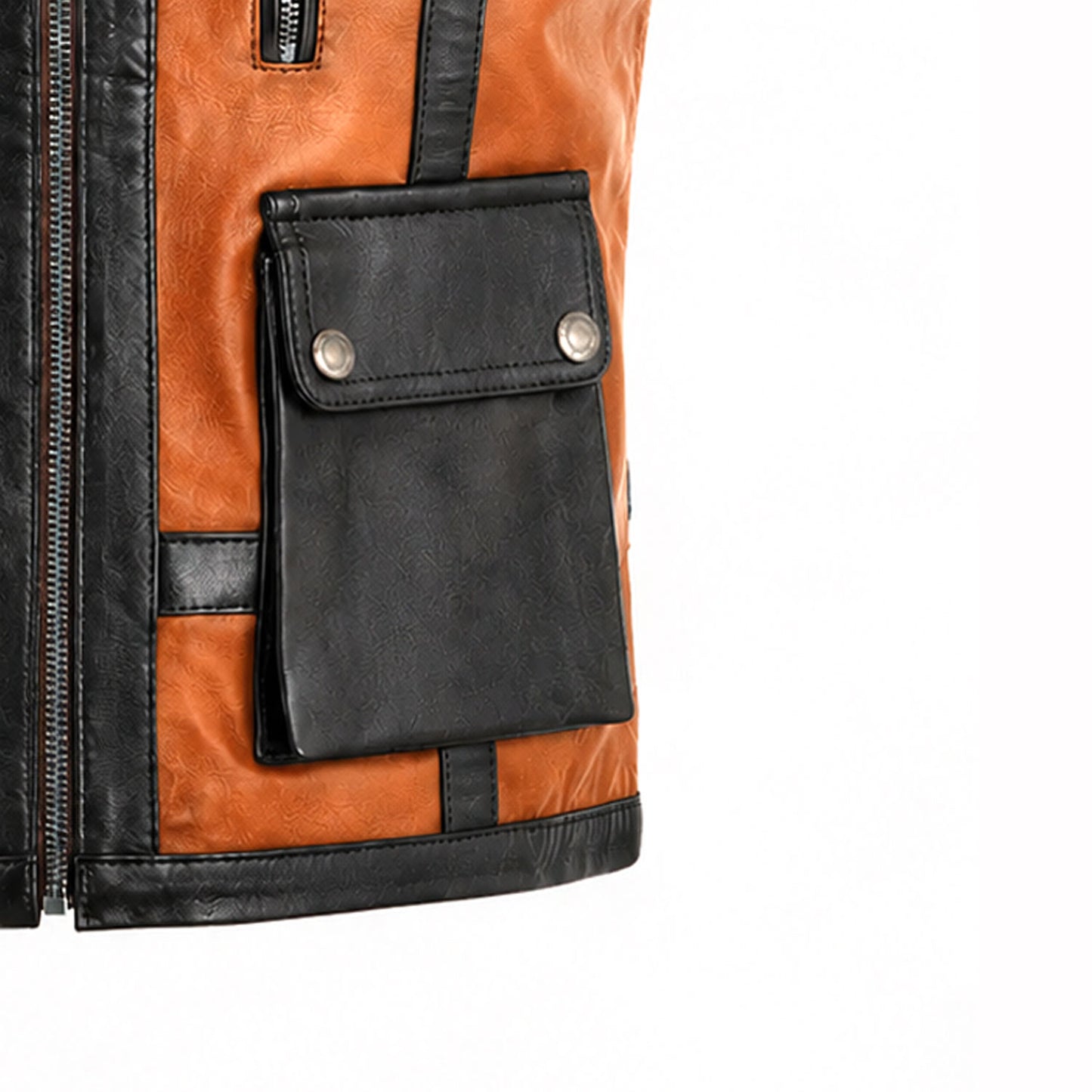 Close-up of the dual utility flap pocket on a men's cognac and black leather vest 