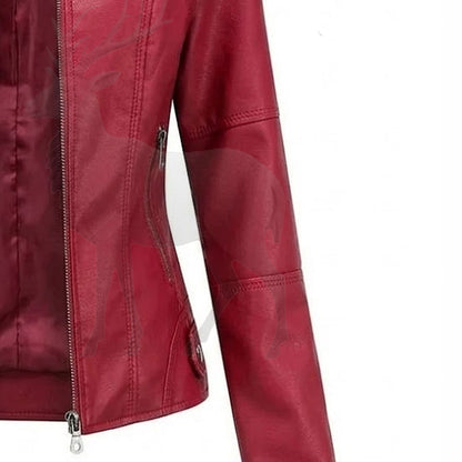 Close up sleeve of women’s red leather moto jacket clean finish fine stitching premium genuine leather craftsmanship