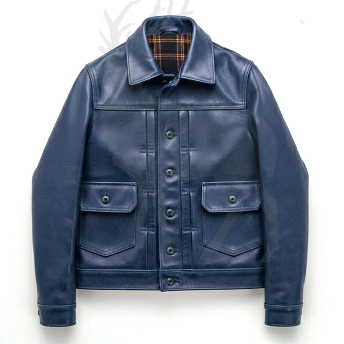 Men’s blue leather jacket front view button front shirt style genuine leather casual vintage look