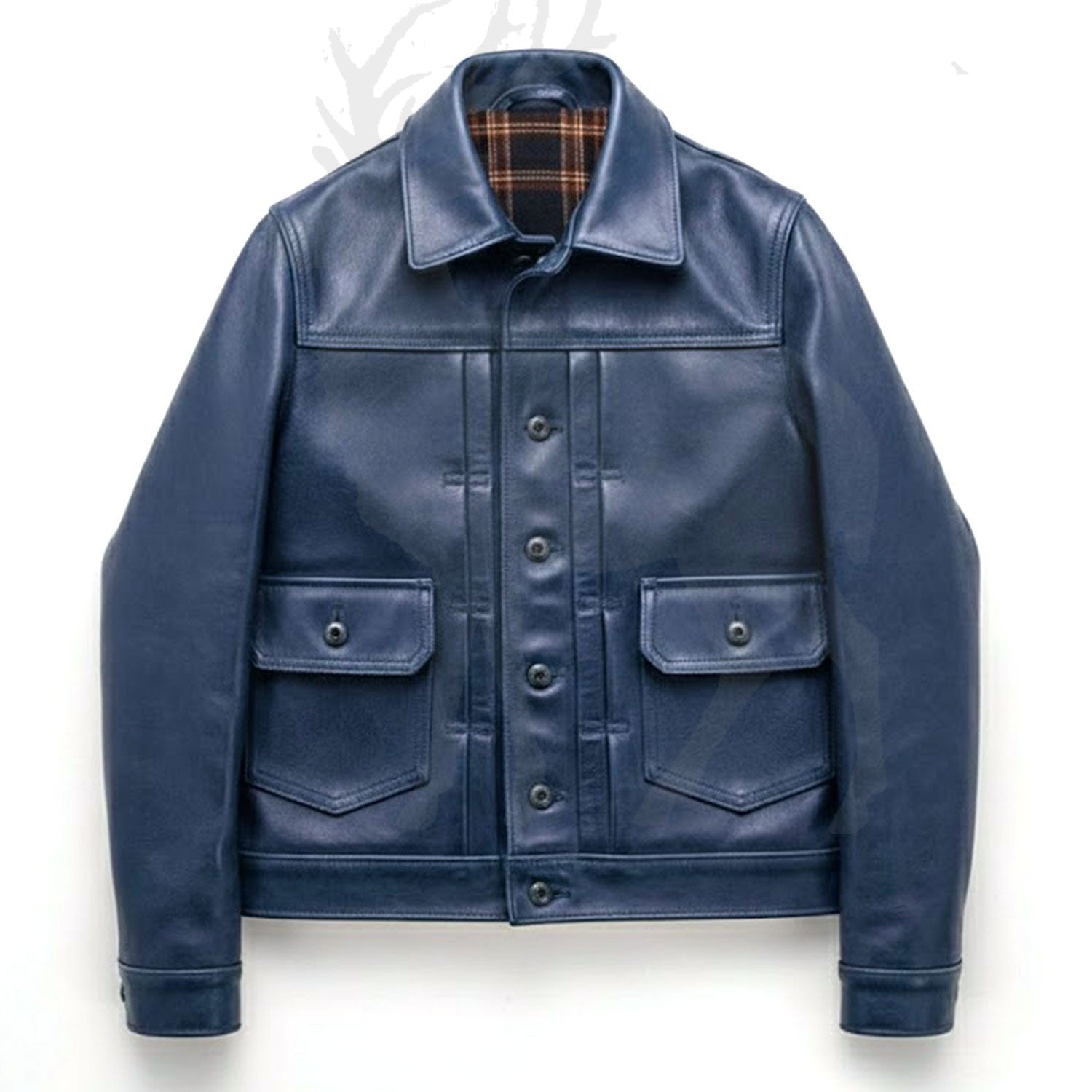 Men’s blue leather jacket front view button front shirt style genuine leather casual vintage look