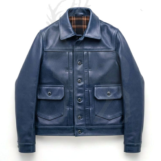 Men’s blue leather jacket front view button front shirt style genuine leather casual vintage look