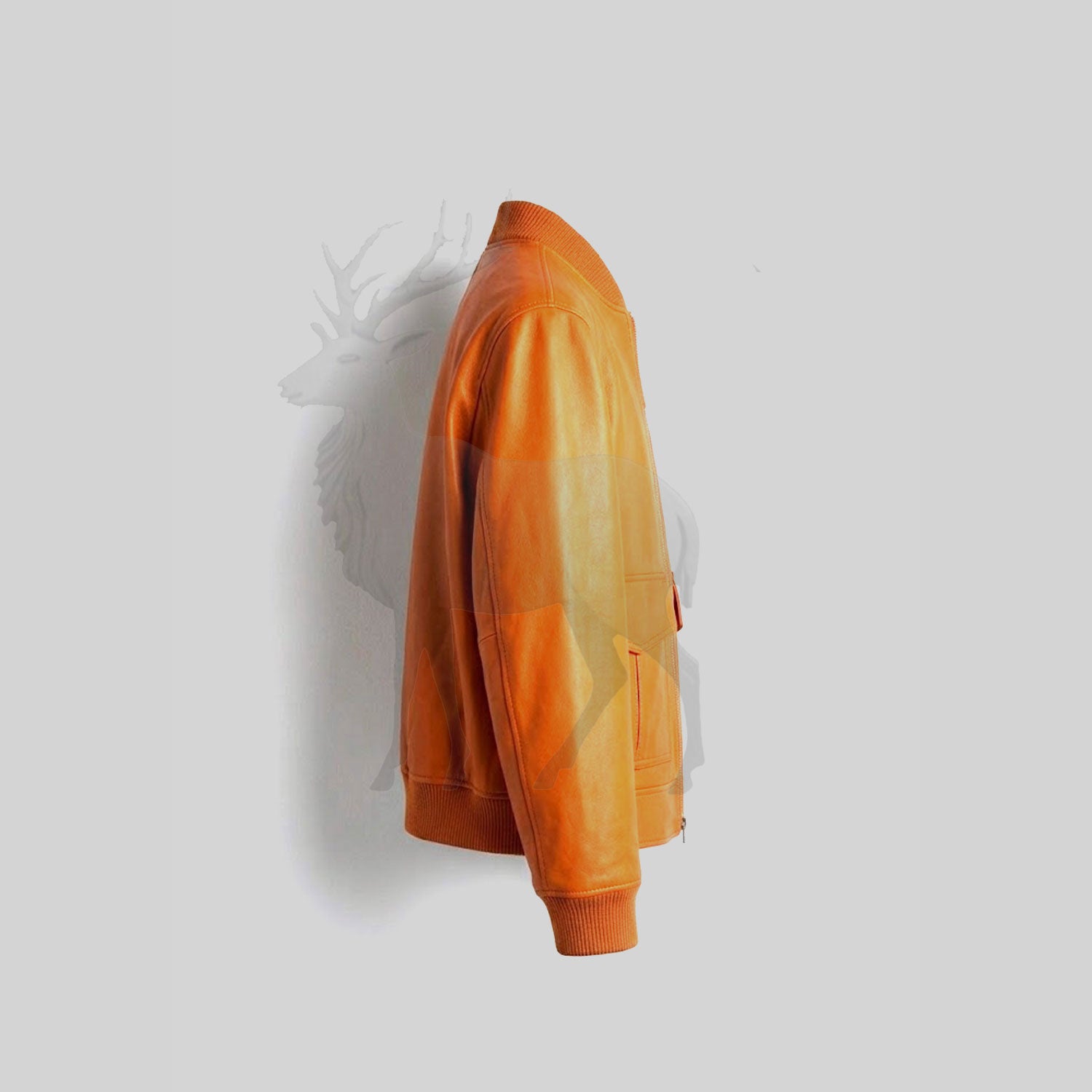 Men’s orange leather jacket side view tailored fit silhouette flap pocket detail modern streetwear leather jacket