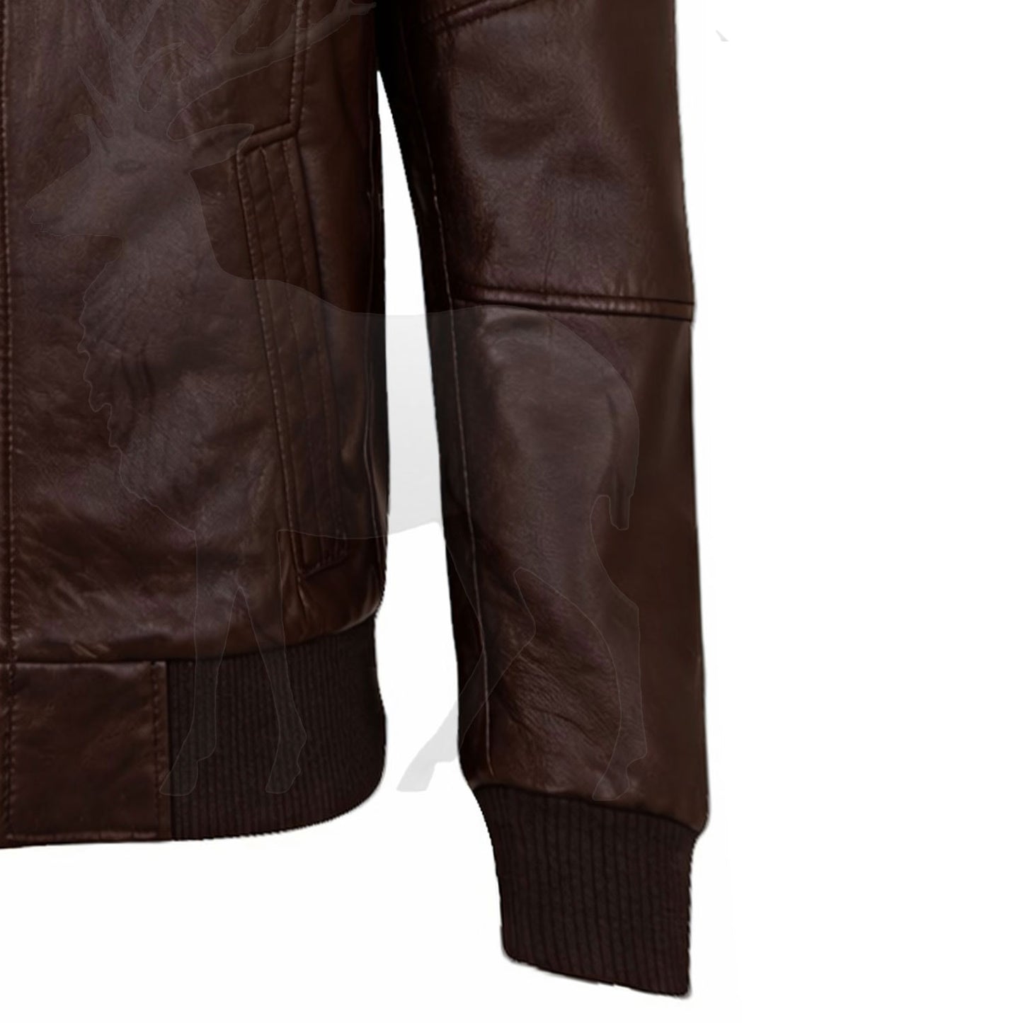 Close up ribbed sleeve cuff on men’s brown leather bomber jacket elastic wrist detail smooth leather finish
