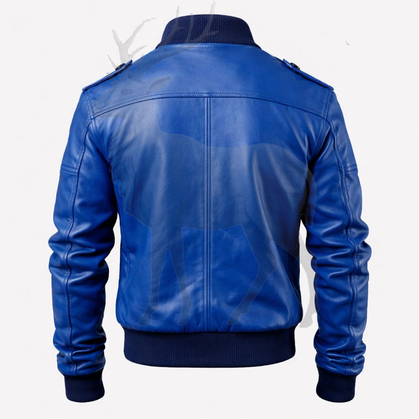 Men’s blue leather bomber jacket back view classic aviator design ribbed waistband premium leather fashion jacket