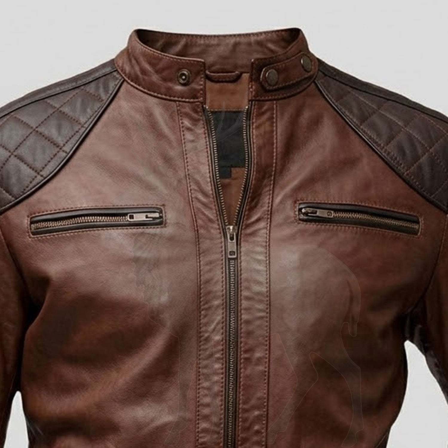 Close up snap tab collar on men’s brown leather biker jacket premium genuine leather cafe racer detail