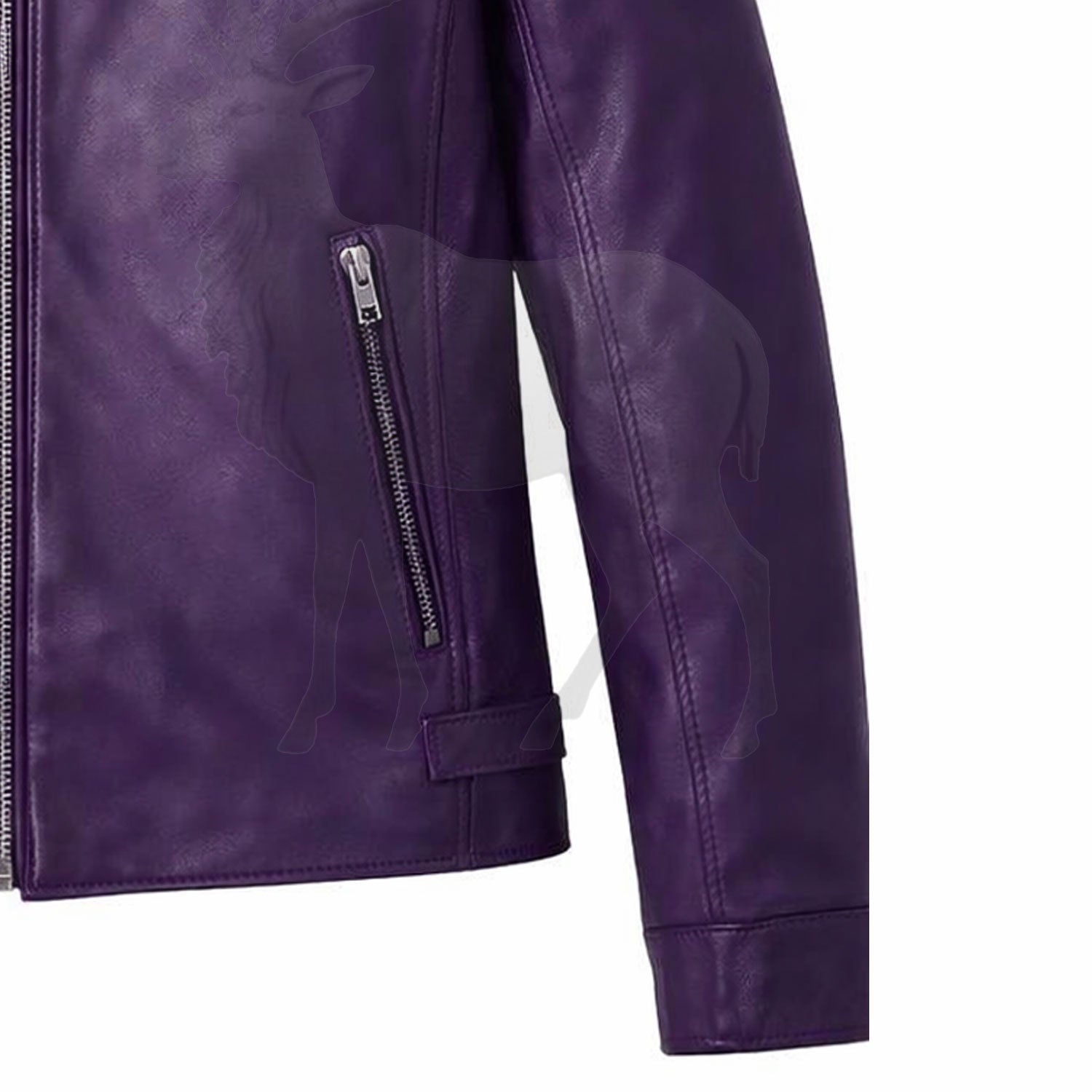 Close up sleeve cuff of women’s purple leather biker jacket smooth leather finish premium stitching craftsmanship