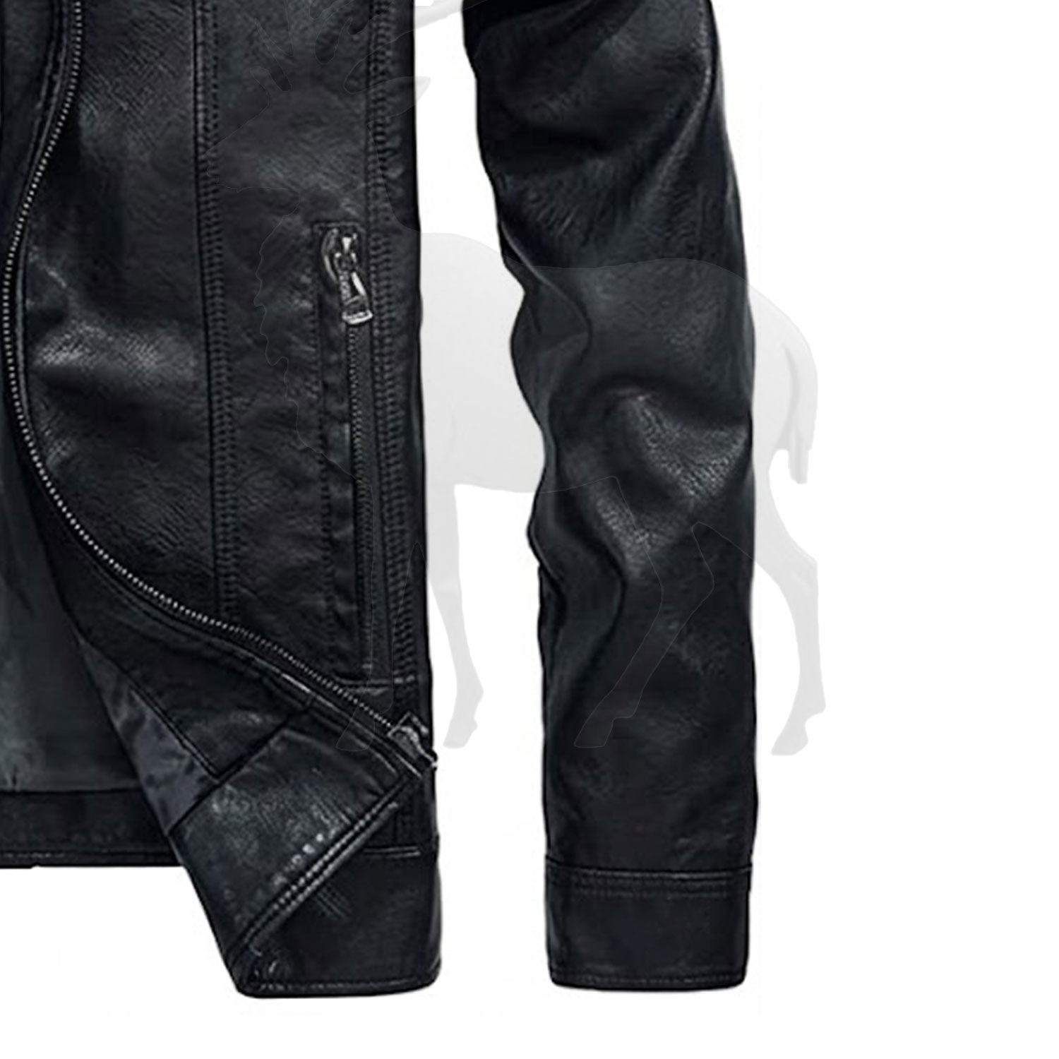 Close up sleeve of black leather moto jacket fine stitching clean finish premium genuine leather craftsmanship