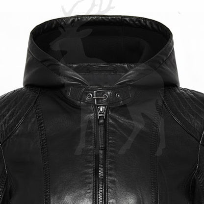 Close up hood and collar detail on women’s black leather biker jacket premium stitching and zip closure design