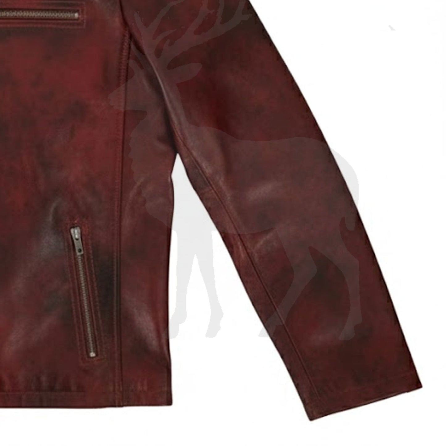 Close up sleeve cuff brown distressed leather jacket biker style fitted sleeve premium genuine leather texture