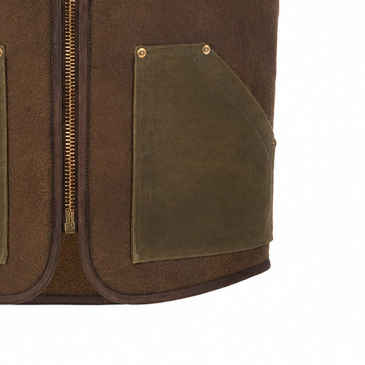 Close-up of the large utility patch pocket on a men's brown suede western leather vest