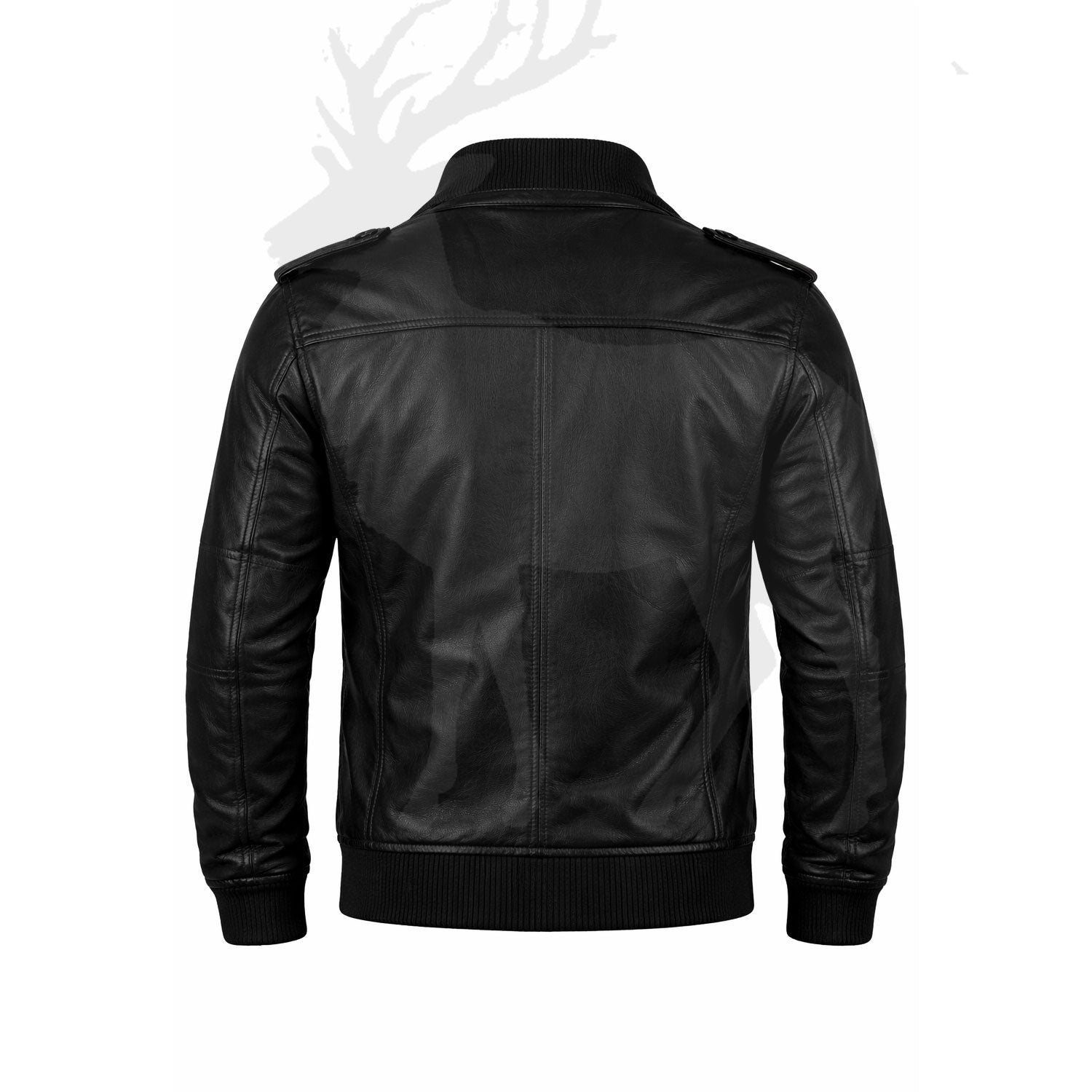 Men’s black leather bomber jacket back view clean design ribbed hem premium genuine leather winter outerwear