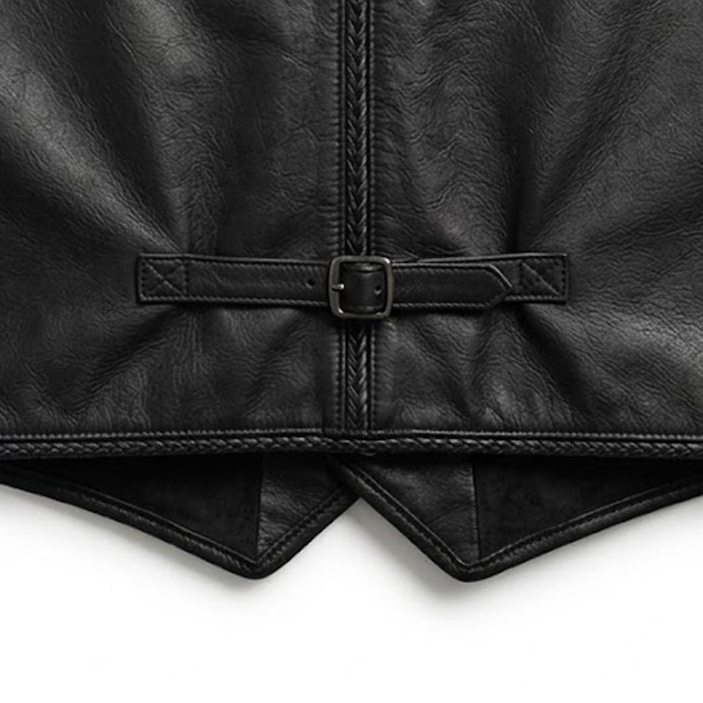Back view of a men's black full grain cowhide leather formal vest