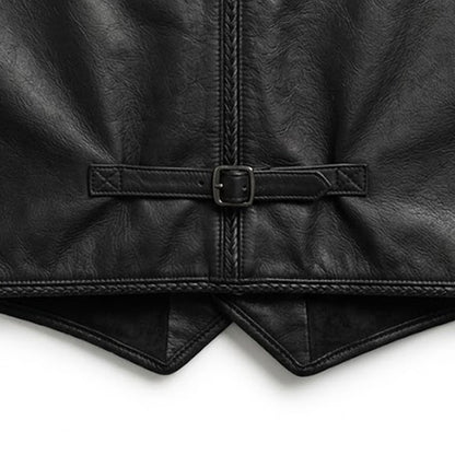 Back view of a men's black full grain cowhide leather formal vest