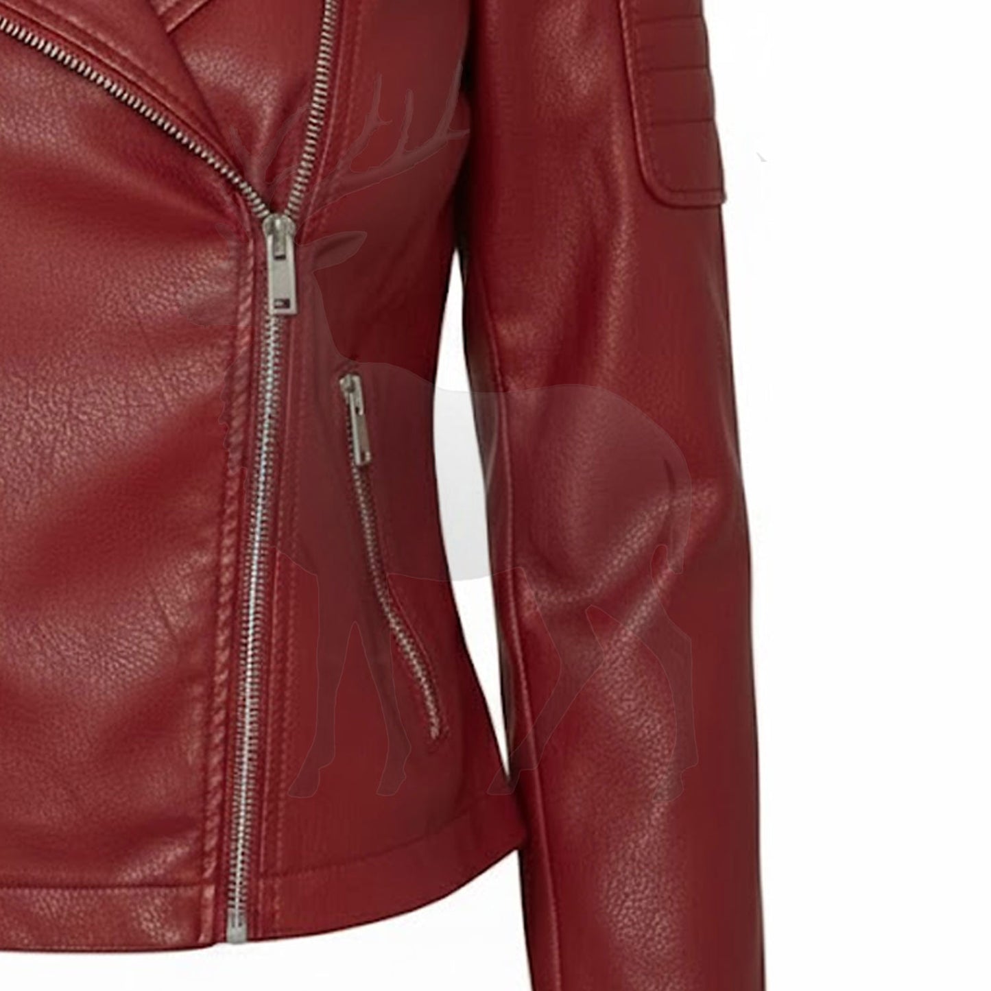 Close up zip pocket detail on women’s red leather biker jacket functional storage pocket premium stitching and finish