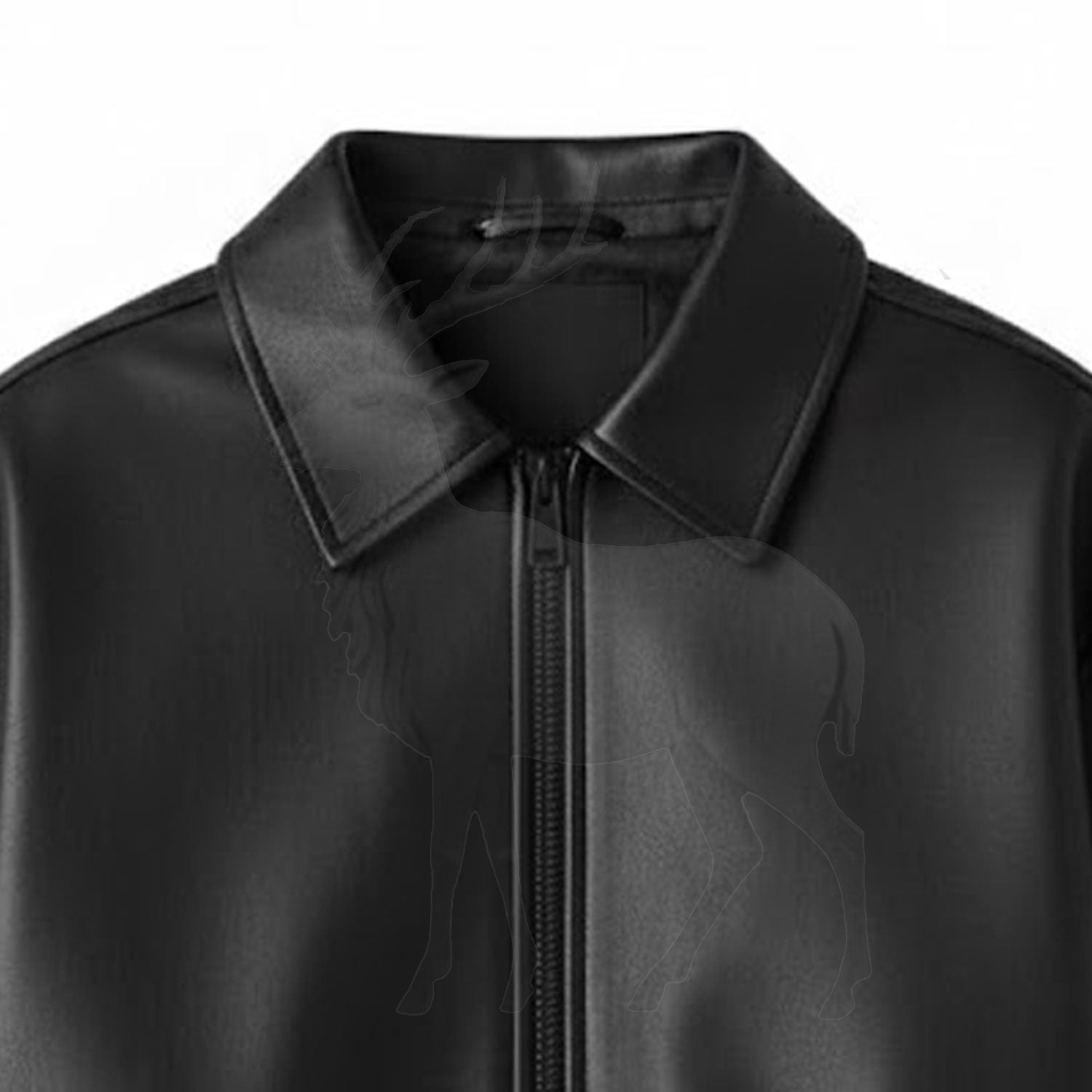 Close up collar detail on women’s black cowhide leather bomber jacket genuine leather finish and premium stitching