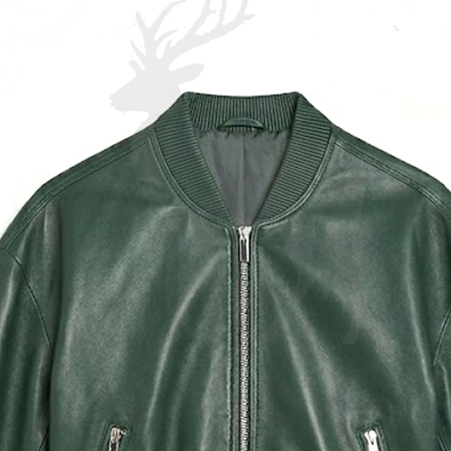 Close up ribbed bomber collar green leather jacket premium stitching detail minimalist design soft inner lining unisex jacket